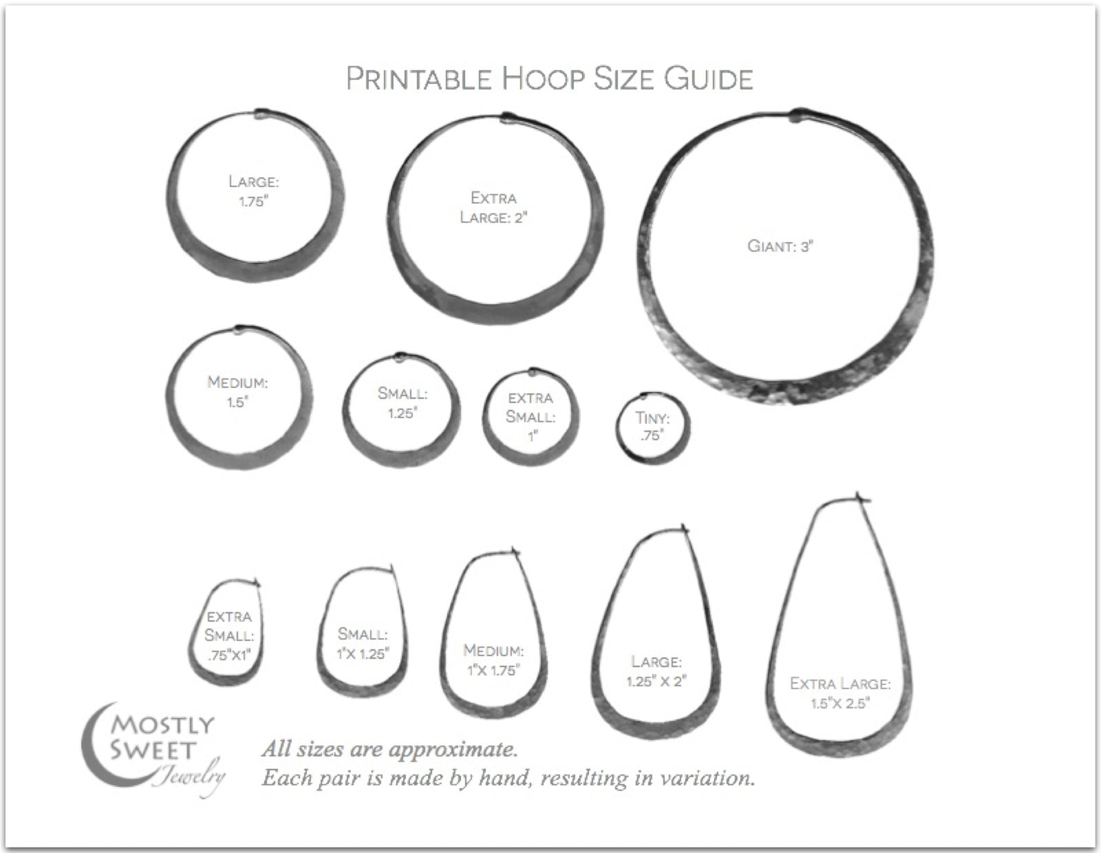Printable hoop earring size guide showing actual sizes of handcrafted hoops ranging from tiny 3/4" to giant 3" diameter, including both circular and teardrop shapes with measurements for each size